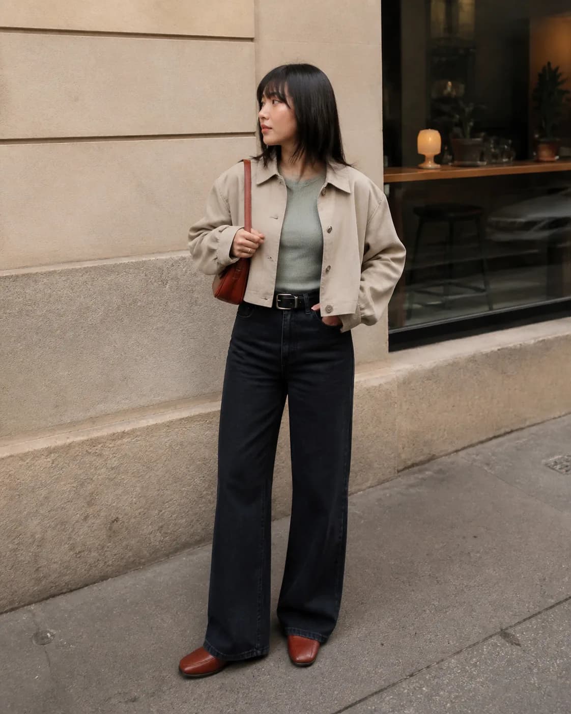 Persona mostrando un outfit urbano con chaqueta beige y pantalón oscuro